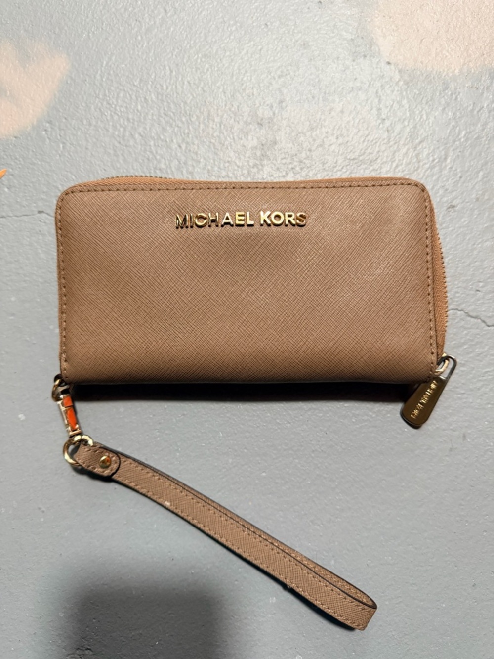 Michael Kors Gold and Taupe Zip Pull Wristlet Accent